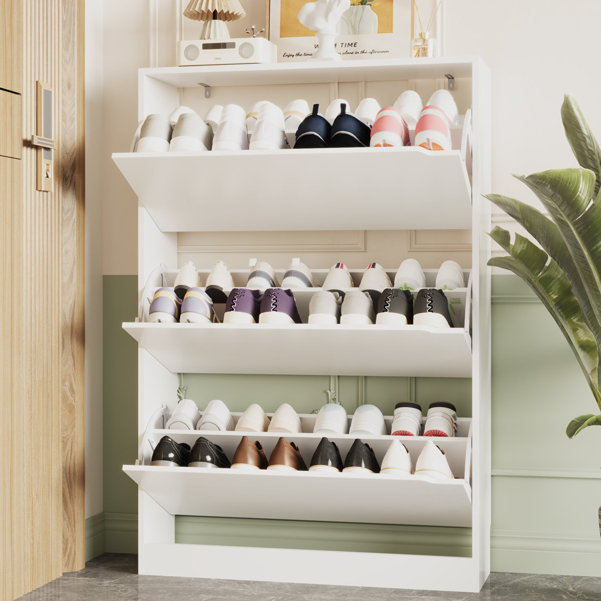 3-Tier Shoe Storage Cabinet with Flip Drawers, 16-20 Pair Free Standing Shoe Organizer 31.5''W for Entryway